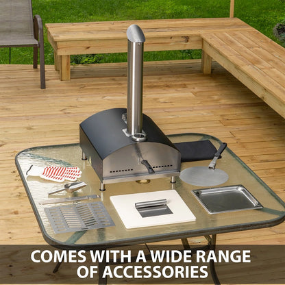 Deco Chef Outdoor Pizza Oven with 2-in-1 Pizza and Grill Oven Functionality, 13" Pizza Stone, Portable Stainless Steel Construction, Pizza Peel, Dough Scraper, Scoop, Slotted Grill (Black)