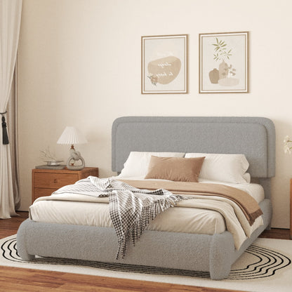 VIPLOV King Size Boucle Bed Frame, Cloud Upholstered Platform Bed with Height Adjustable Headboard & Soft Rounded Corners, No Noise Free, Easy Assembly,Beige