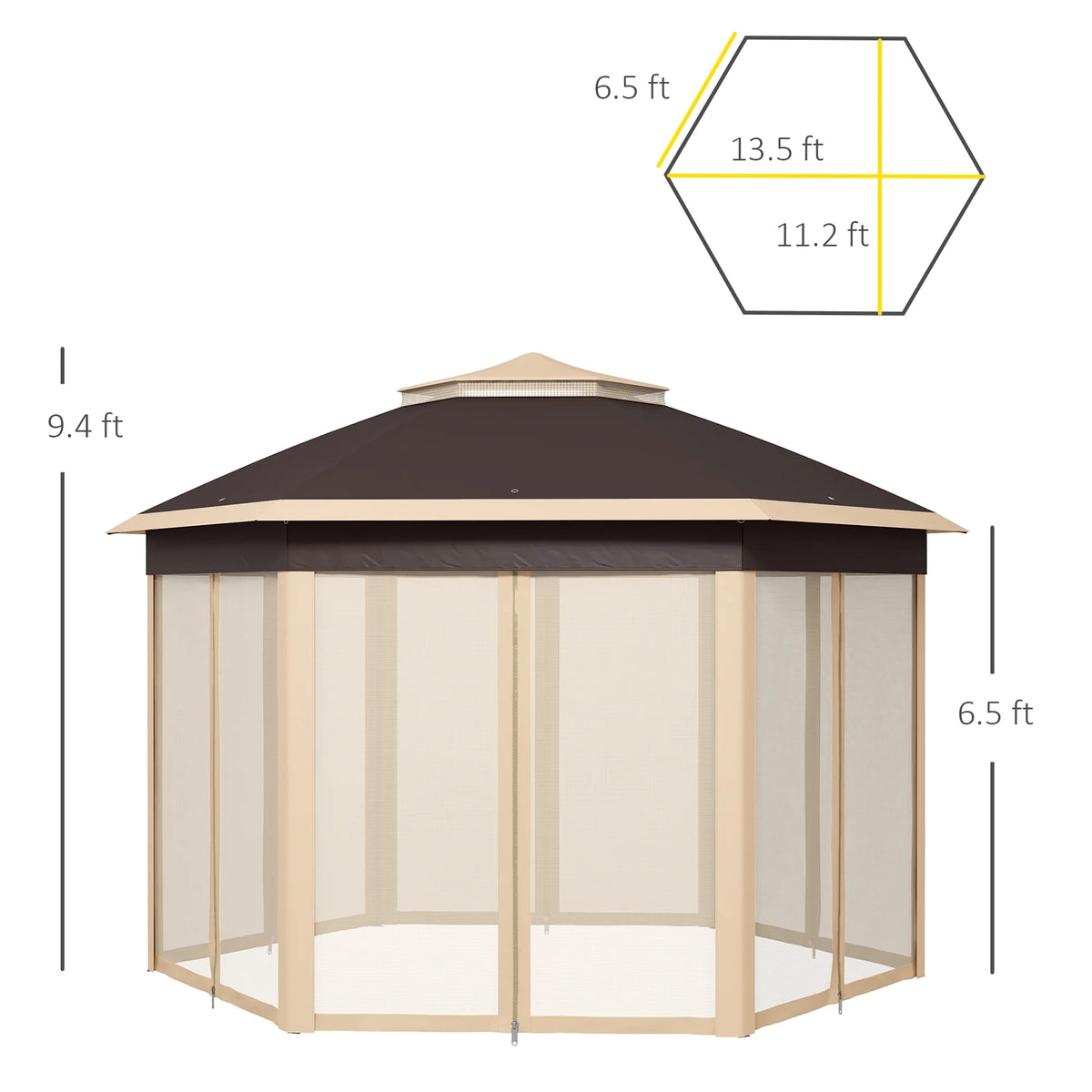 Outsunny 13' x 13' Pop Up Gazebo Hexagonal Canopy with 6 Zippered Mesh Netting, 2-Tier Roof Event Tent with Steel Frame for Patio Backyard, Gray