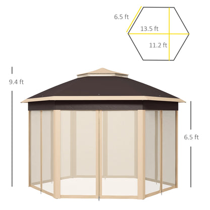 Outsunny 13' x 13' Pop Up Gazebo Hexagonal Canopy with 6 Zippered Mesh Netting, 2-Tier Roof Event Tent with Steel Frame for Patio Backyard, Gray