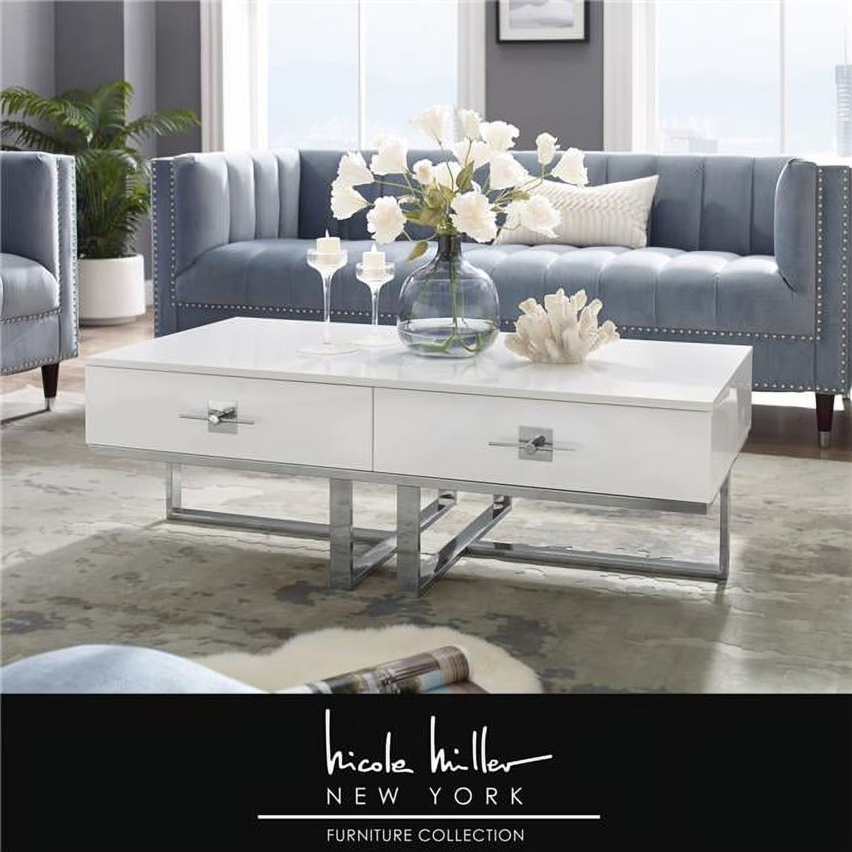 Posh Living Mano 2-Drawers Stainless Steel Base Coffee Table - Light Gray/Chrome