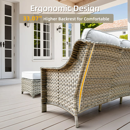 Ovios Outdoor Patio Sofa 3-Seater with Cushions All-Weather Wicker Rattan Couch for Garden, Porch, or Backyard