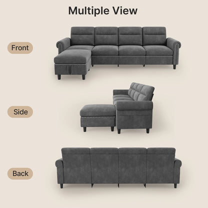 106" Modular Sectional Sofa Bed with Storage Ottoman, Lofka Modern Comfy Couches and Sofas with Side Pockets for Small Spaces, Living Room Furniture in Dark Gray