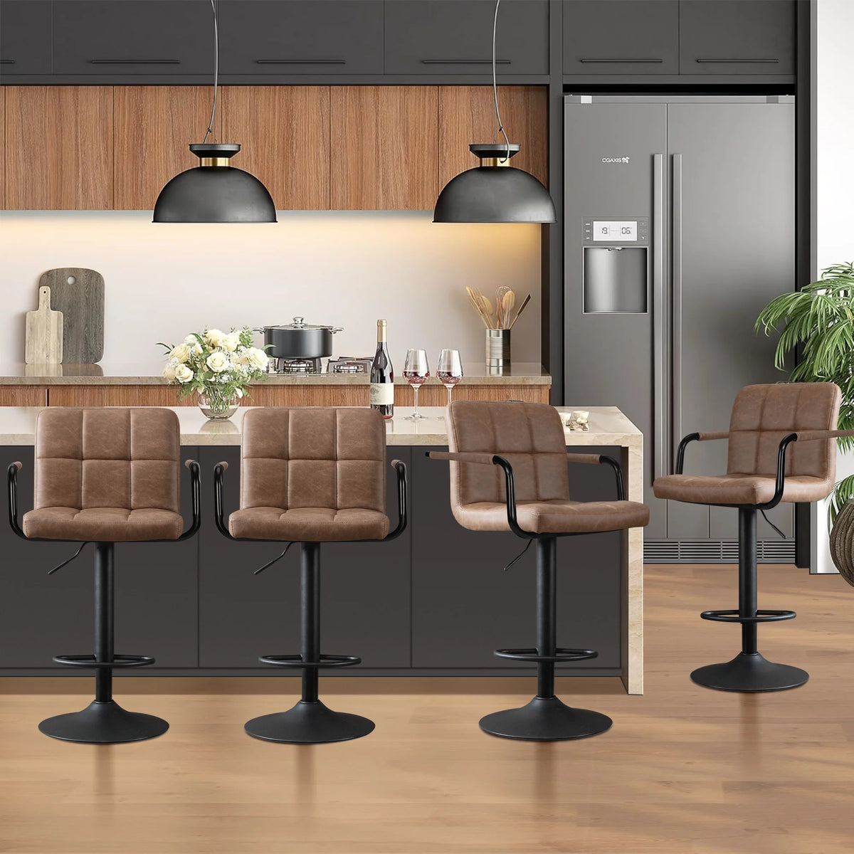 JONPONY Bar Stools Set of 2, Back and Armrest,Vintage Leather Modern Bar Chairs for Home and Kitchen Counter,Black,Low Back