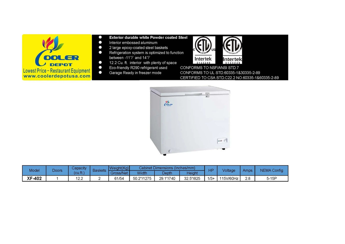 Cooler Depot 50 In. 12.2 Cu.ft Chest Freezer XF-402, NSF Certified