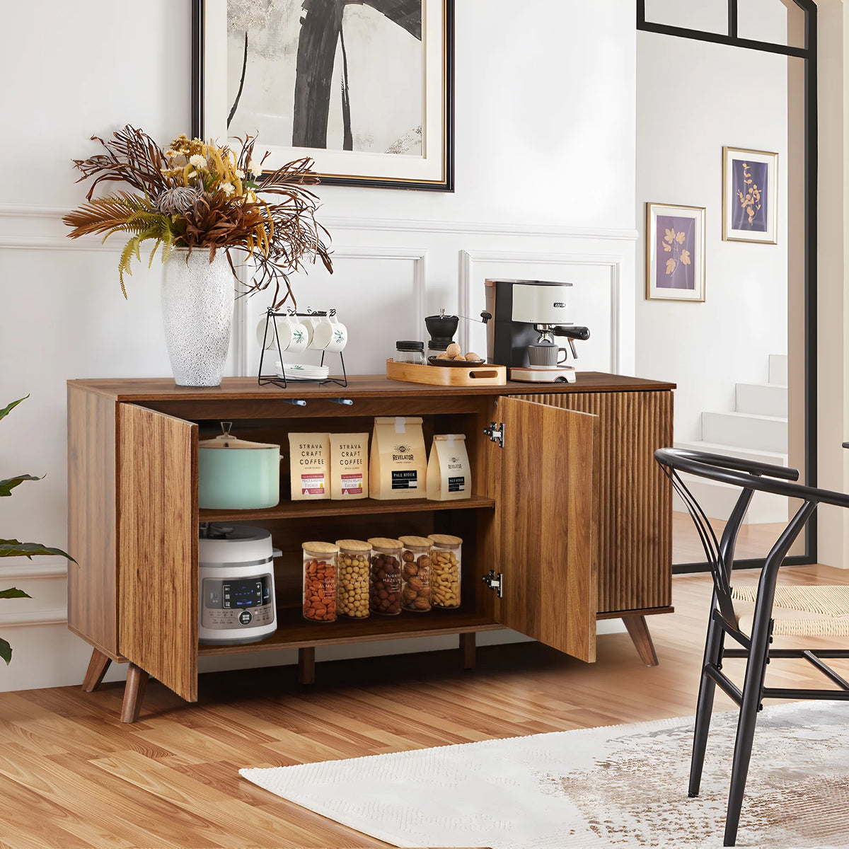 Wirrytor Sideboard Storage Cabinet with Doors and Shelves, Buffet Cabinet with Storage, Credenza Storage Cabinet for Kitchen, Wooden Fluted Cabinet, Under TV Cabinet with Storage - Black