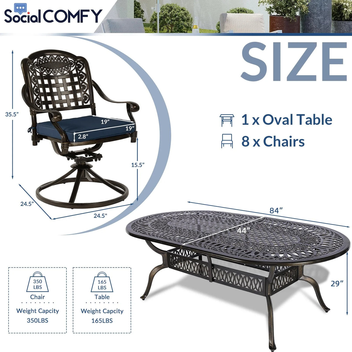 9-Piece Patio Cast Aluminum Dining Set, 8 Person Outdoor Dining Furniture Set, includes 84" Oval Table and 8 Swivel Dining Chairs with Umbrella Hole for Patio Deck Garden, Tan