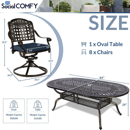 9-Piece Patio Cast Aluminum Dining Set, 8 Person Outdoor Dining Furniture Set, includes 84" Oval Table and 8 Swivel Dining Chairs with Umbrella Hole for Patio Deck Garden, Tan