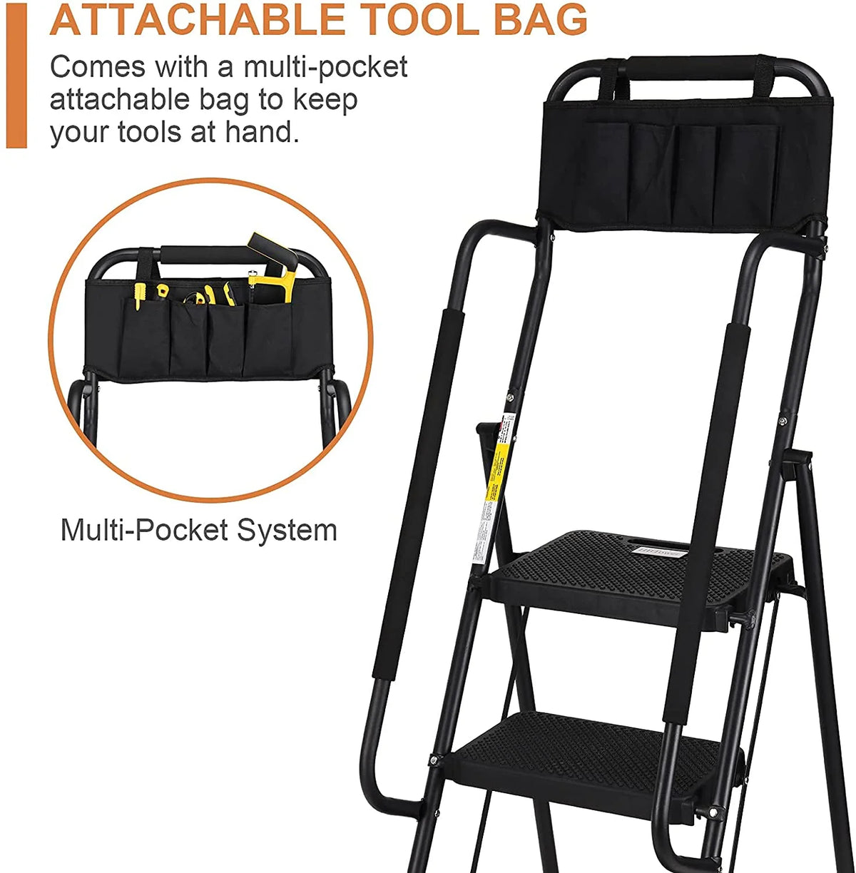 HBTower 4 Step Ladder with Handrails and Tool Bag, Folding Step Stool with Attachable  Anti-Slip Wide Pedal, Black