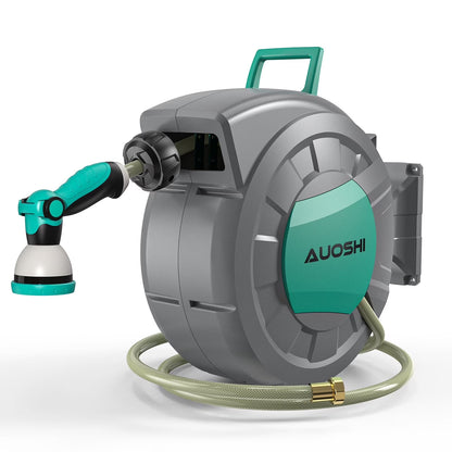AUOSHI Retractable Garden Hose Reel 1/2" 100ft Automatic Hose Reel with 10 Function Sprayer Nozzle Wall Mount 180 Deg Swivel Bracket Hose Reel with Any Length Lock Slow Return System