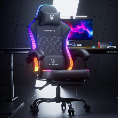 GTRACING RGB Ergonomic Gaming Chair with Massage, LED Lights, Footrest, Lumbar Support and Backrest, Black