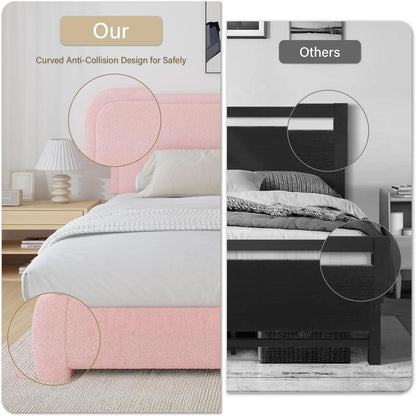 4 EVER WINNER Twin Size Bed Frame, Modern Bed Frame with Headboard, Boucle Fabric Upholstered Bed Frame, Soft Curved Headboard, Cream