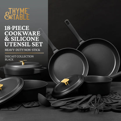 Thyme & Table 18-Piece Non-stick Diecast Cookware & Silicone Utensil Set, Pots and Pans Set - Atlantic Blue
