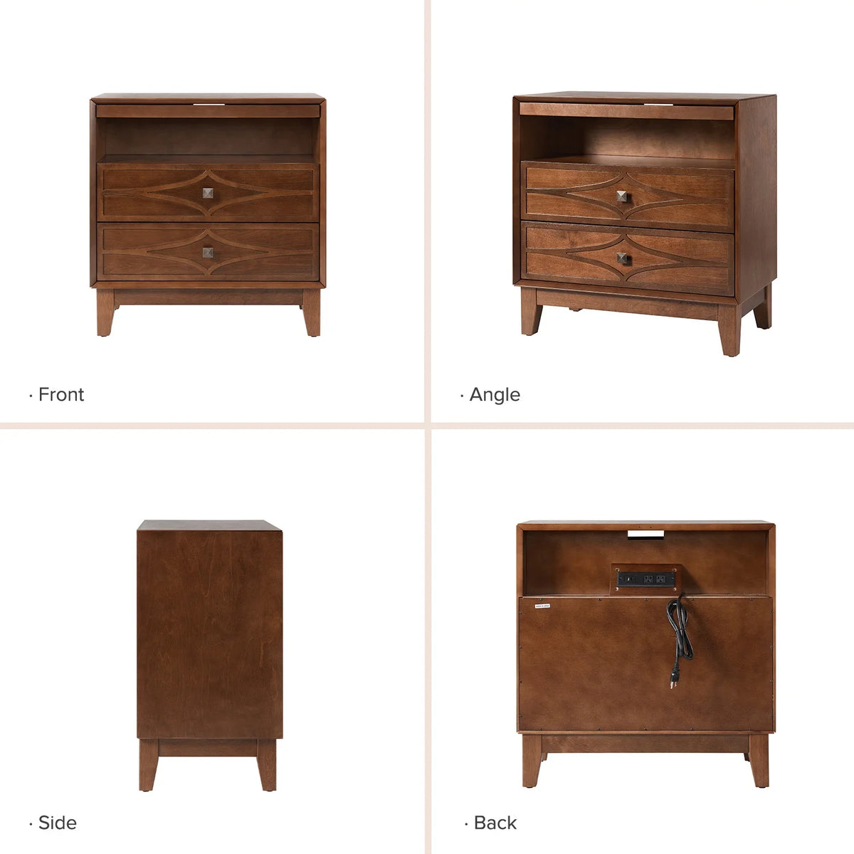 3-Drawer Modern Nightstand with Open Compartment Charging Station Metal Knob for Bedroom Walnut