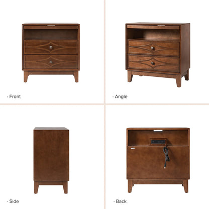 3-Drawer Modern Nightstand with Open Compartment Charging Station Metal Knob for Bedroom Walnut