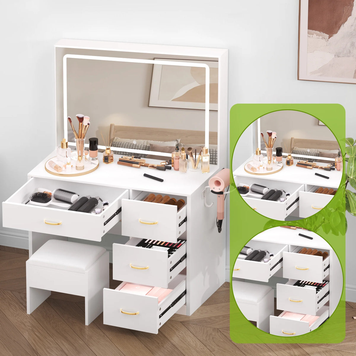 Dextrus Makeup Vanity Desk with Large Lighted Mirror and Storage - Enhance Your Beauty, Routine 4 Drawer Vanity Table with Cushioned Stool, Milky-White