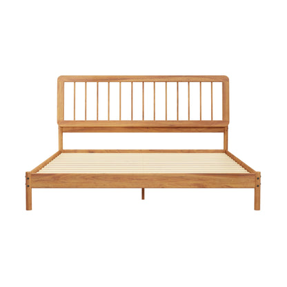 Walker Edison Mid-Century Modern Slatted Solid Wood Queen Bedframe, Natural Pine