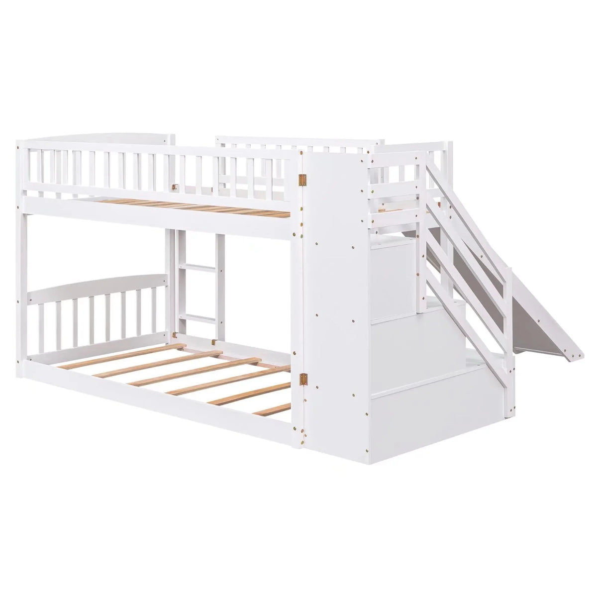 Stairway Bunk Beds Twin over Twin, Wooden Bunk Bed Frame with Kids Slide and Storage Staircase, 2-in-1 Storage Beds Frame with Ladder and Safety Guardrails for Boys Girls Bedroom, White