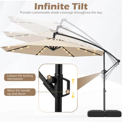 Costway 10 FT Solar Offset Hanging Umbrella Patio Cantilever Umbrella with 32 LED Lights Brown