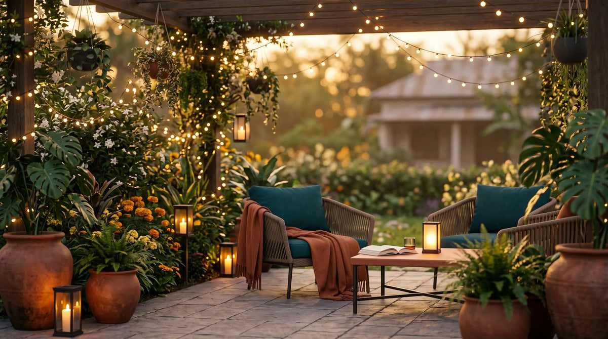 A beautifully styled outdoor patio at dusk with two wicker armchairs, teal cushions, a small wooden coffee table, warm string lights, lanterns, potted plants, and a blurred garden background.