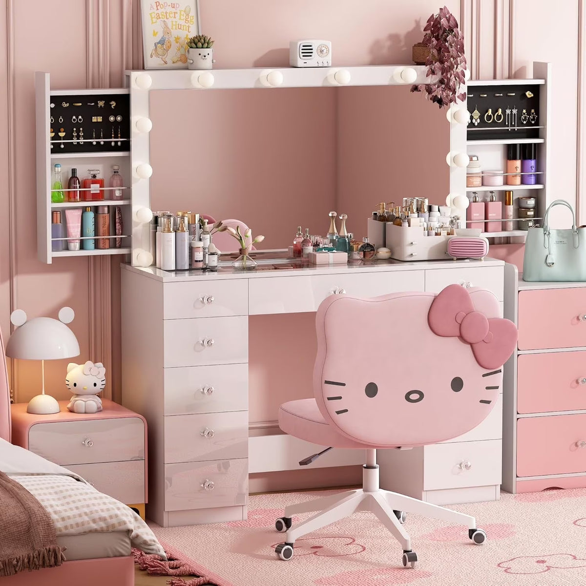 Vanity Desk with Power Outlet, Makeup Vanity with Mirror and 14 LED Light, 3 Lighting Modes,11 Drawer Vanity Table with Sliding Jewelry Storage, Glass Top, Specular Surface
