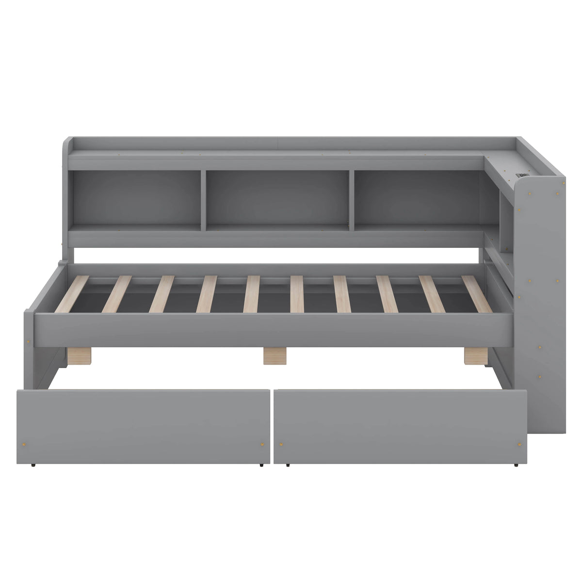 BEBPILOO Twin Size L-Shaped Bookcase Bed with Electrical Outlet, USB Charging Port, Two Drawers, Gray