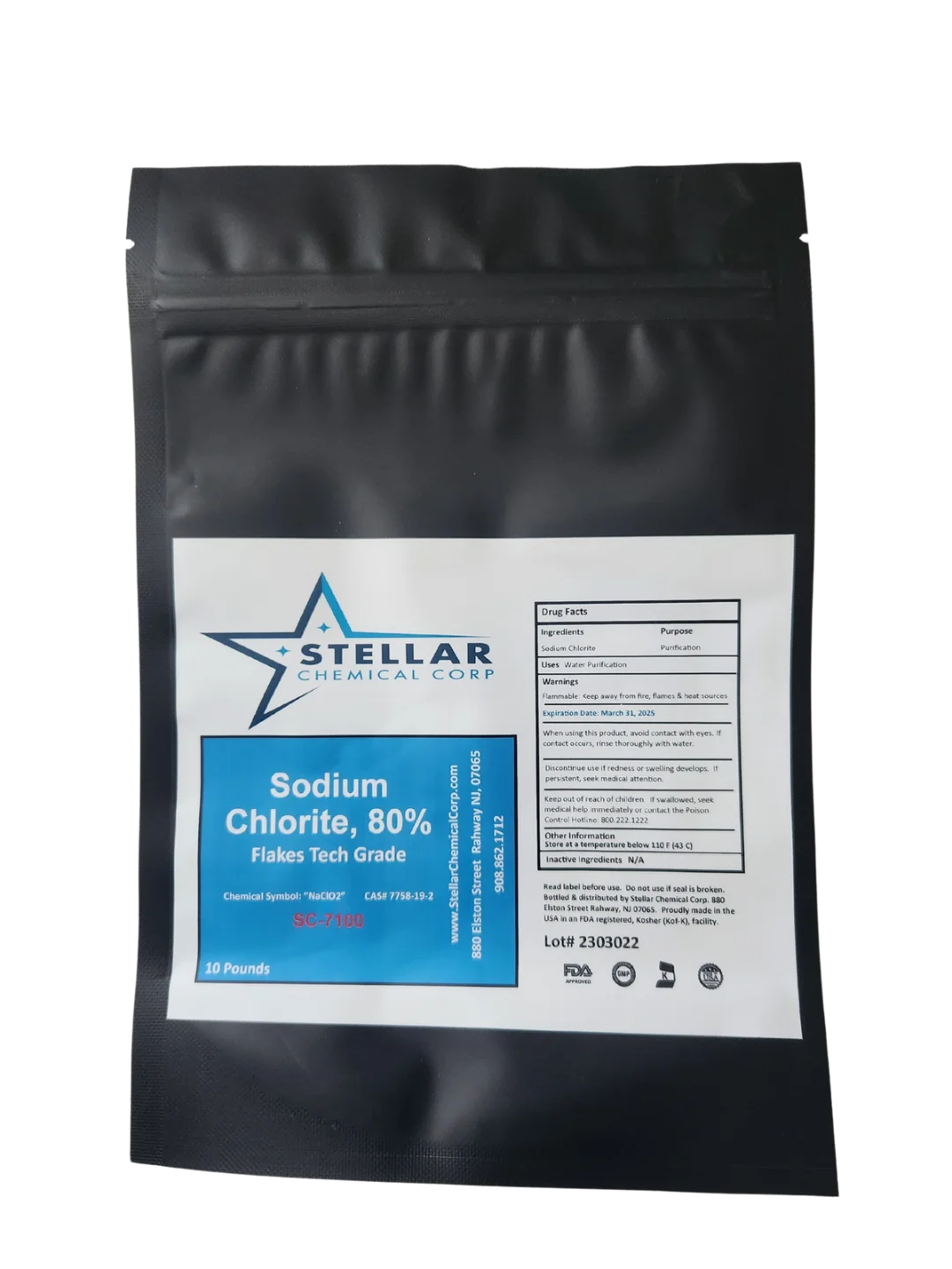 Sodium Chlorite, 80% Flakes, Tech Grade"  ~~  10 Pounds  ~~  Stellar Chemical Corp.