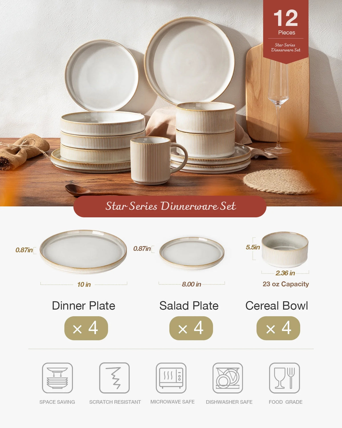 Famiware Star Stoneware Dinnerware Sets, Plates and Bowls Set for 4, 12 Piece Dish Set, Cappuccino White