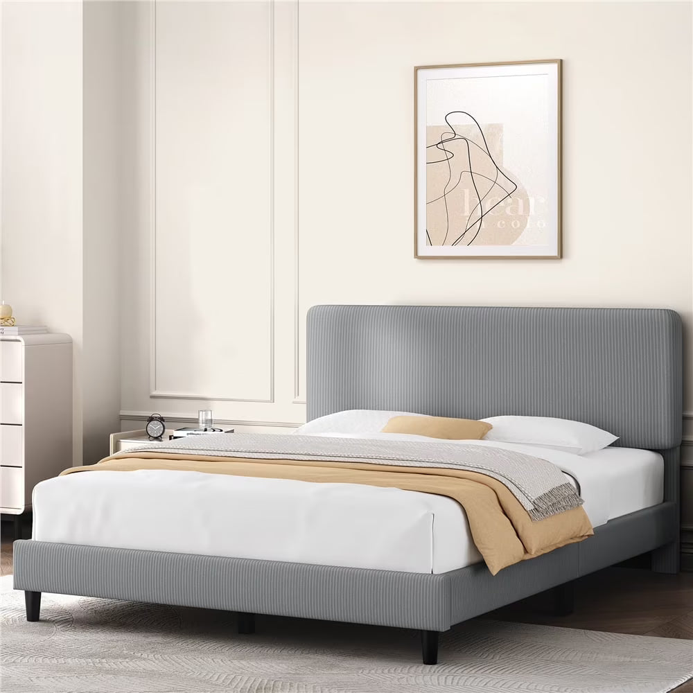 Yaheetech Upholstered Platform Bed with Adjustable Headboard, Queen, Beige