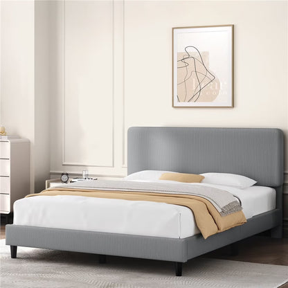 Yaheetech Upholstered Platform Bed with Adjustable Headboard, Queen, Beige