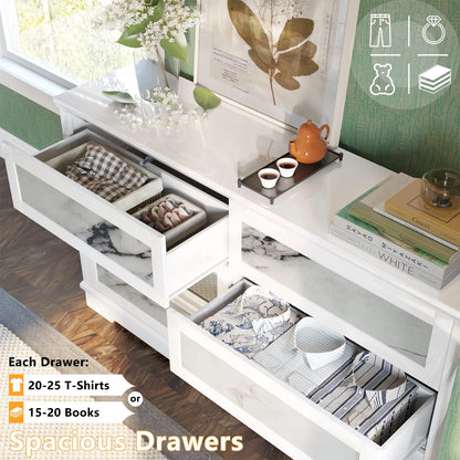 LUXOAK High-Gloss 6 Drawer Dresser, 54" Marble Chest of Drawers, Modern, White