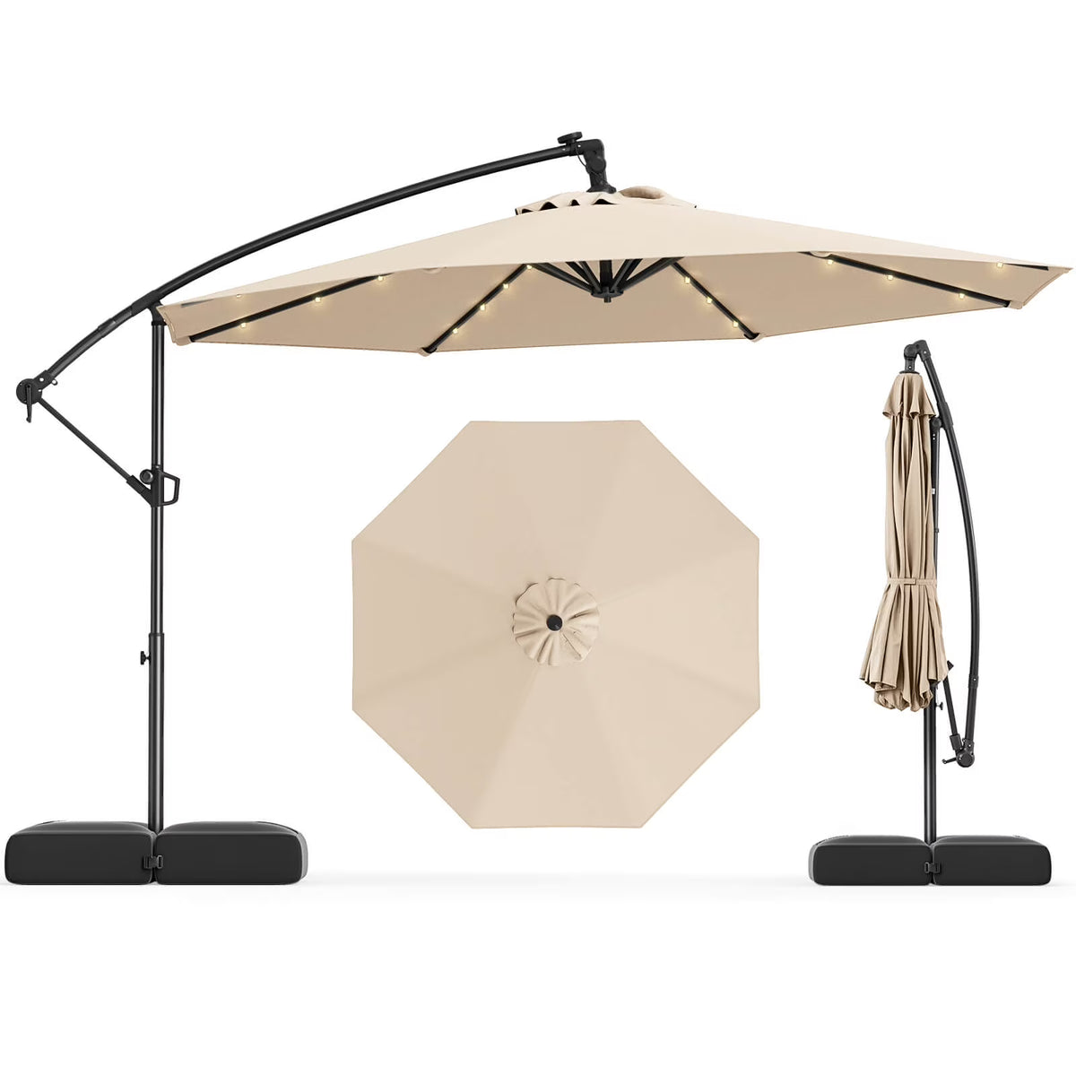 Costway 10 FT Solar Offset Hanging Umbrella Patio Cantilever Umbrella with 32 LED Lights Brown