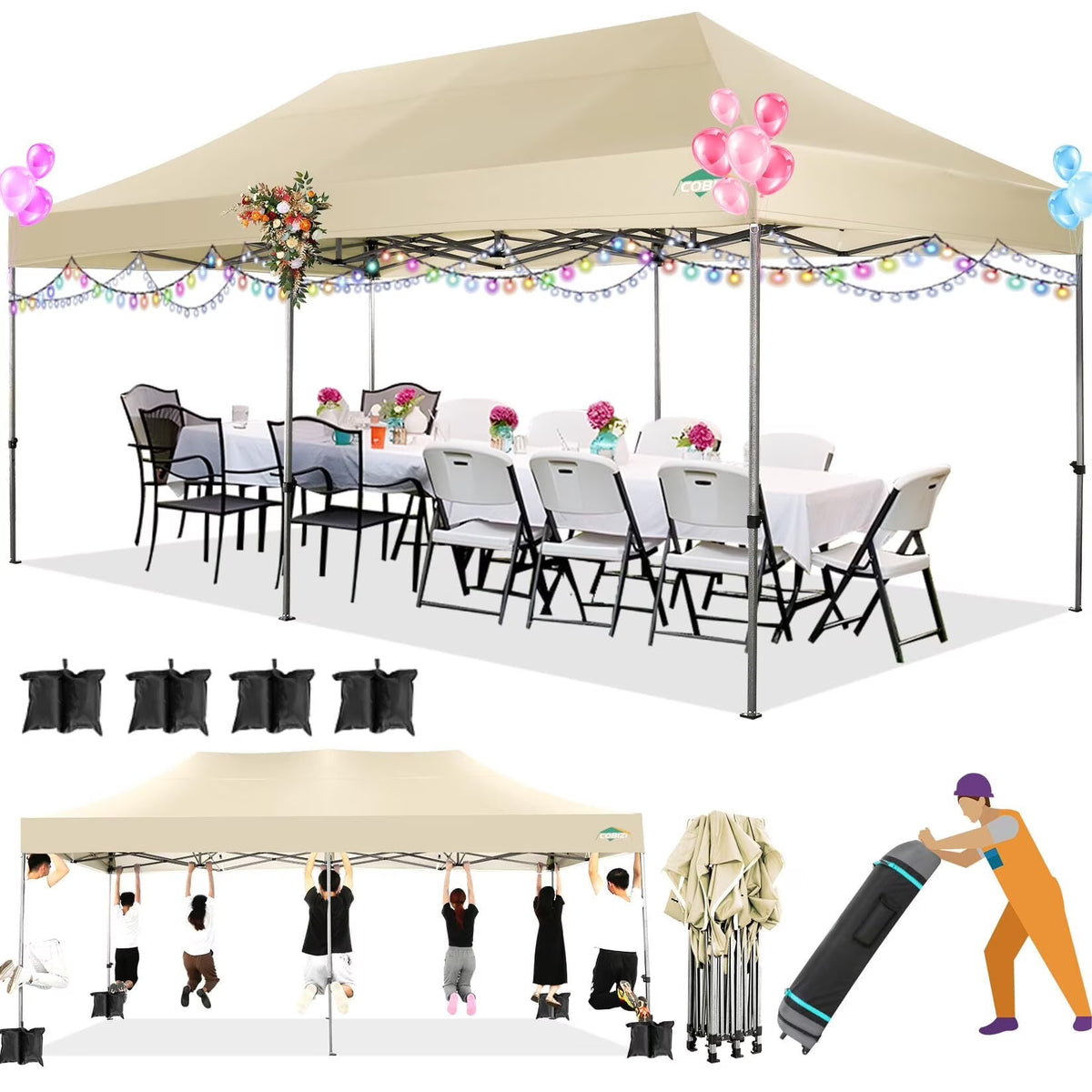 COBIZI 10x15ft Pop up Canopy, Heavy Duty Party Canopy Waterproof Commercial for Outdoor,Black