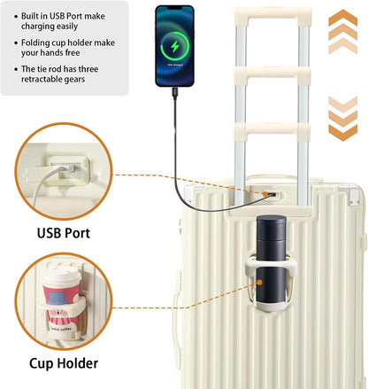 20 Inch Carry On Luggage With Cup Holder & USB Port, Airline Approved TSA-locked Luggage, Lightweight PC Material Travel Suitcase With 360 Spinner Wheel