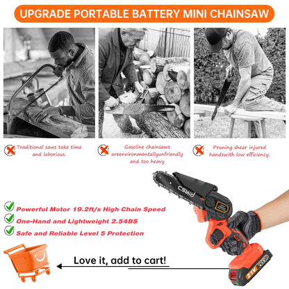 Mini Chainsaw Cordless with 2 Batteries 2 Chains, 2023 Upgrade 6 Inch Best Mini Chain Saw Cordless With Security Lock, Handheld Small Chainsaw for Wood Cutting Tree Trimming, Orange