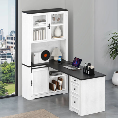 Craftian Executive Desk with Hutch, L Shape Computer Desk, Wood Office Desk with Storage Cabinet, White