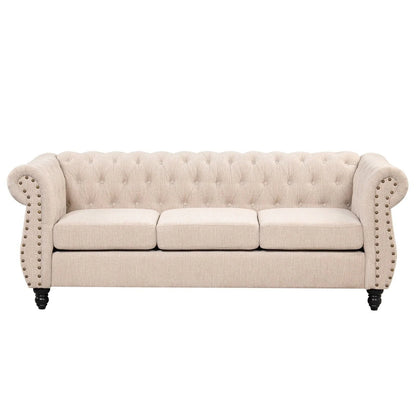 Classic 3 Seater Button Tufted Sofa, Upholstered Couch with Nailhead Rolled Arms Removable Cushions for Living Room Office Bedroom