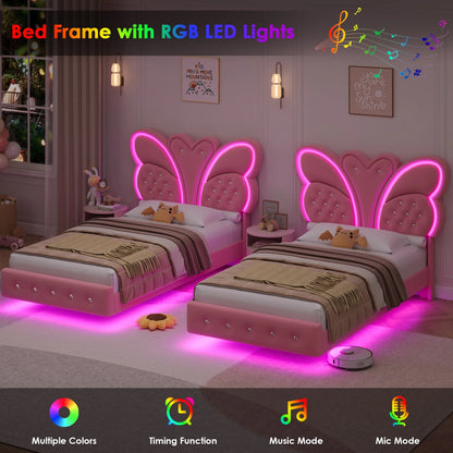 Homfa Twin Size Velvet Upholstered Bed with LED Lights, Floating Platform Bed Frame with Butterfly Crystal Button Tufted Headboard, Pink