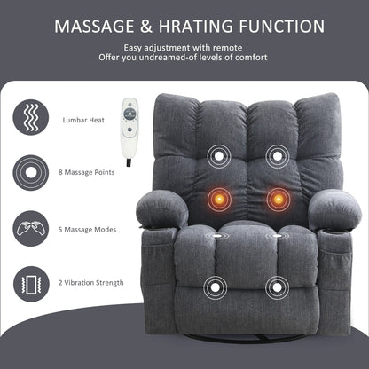 JONPONY Manual Recliner Chair with Heat Therapy and Massage Function, Heavy Duty Reclining Mechanism Massage Chair, Elderly Single Rocker Sofa with Cup Holders for Bedroom Home Theater,Grey