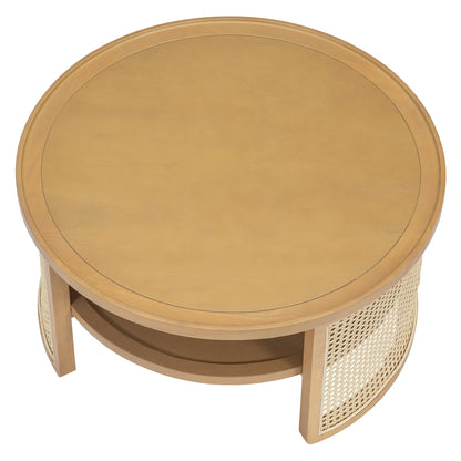 Harper & Bright Designs Rattan Round Coffee Table with Storage Shelf, Round Cane Wood Center Table for Living Room, 37'' Brown