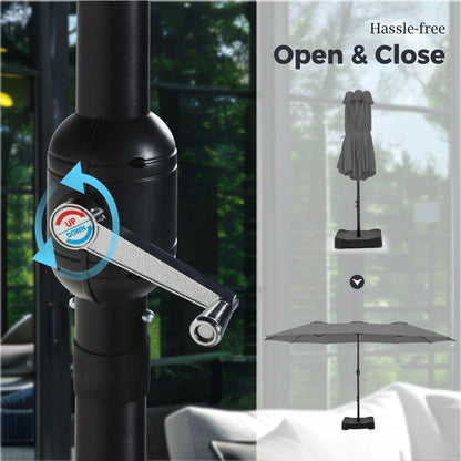 Alpha Joy 15ft Outdoor Patio Umbrella Extra-Large Double-Sided Garden Umbrella with Crank Handle and Base - Smoky Gray