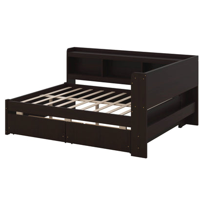 BEBPILOO Twin Size L-Shaped Bookcase Bed with Electrical Outlet, USB Charging Port, Two Drawers, Gray