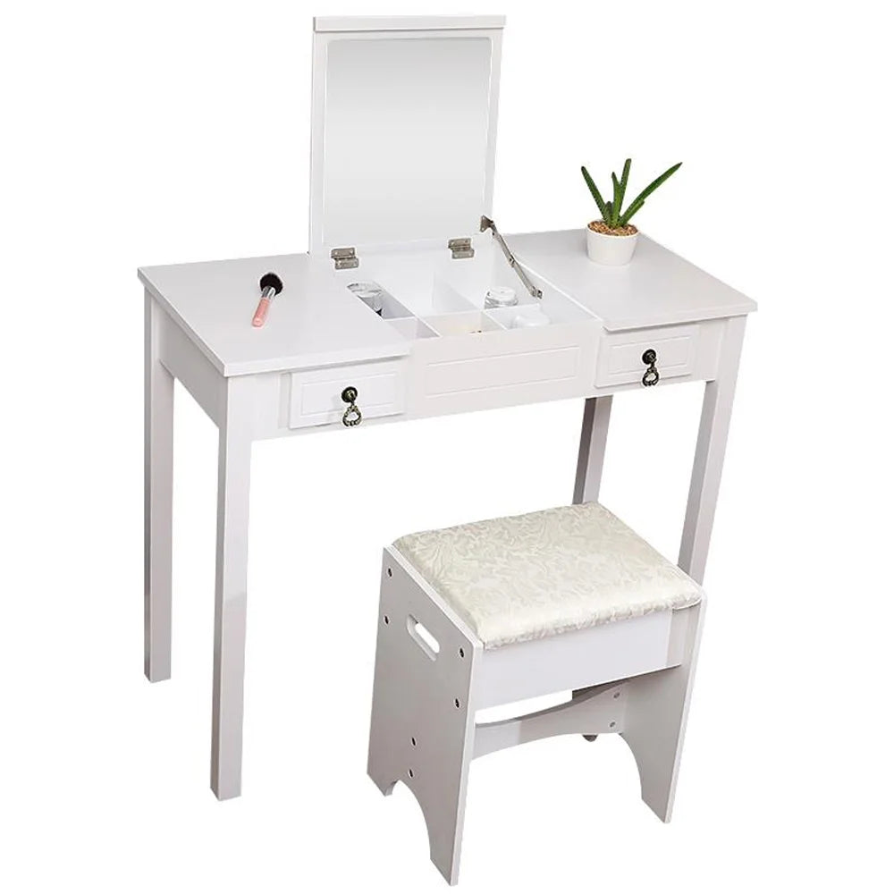 Ktaxon Vanity Set,Flip-top Mirror Dressing Table Makeup Vanity Table Writing Desk with 2 Drawers and Stool, White