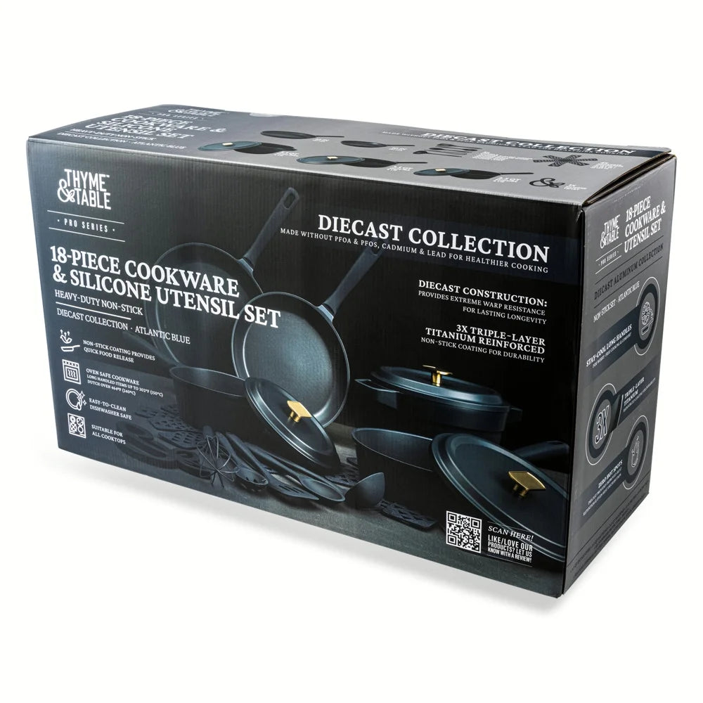 Thyme & Table 18-Piece Non-stick Diecast Cookware & Silicone Utensil Set, Pots and Pans Set - Atlantic Blue