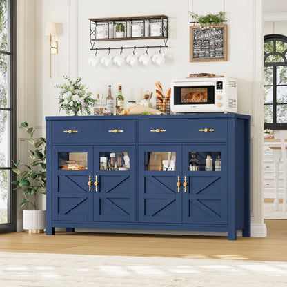 Homfa Farmhouse 55.1"WKitchen Buffet Cabinet with Storage Drawer & Adjustable Shelf, Glass Door Wood Sideboard Credenza Coffee Bar with for Dining Room Living Room, White & Black