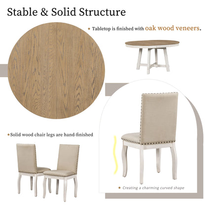 Bellemave 5-Piece Round Dining Table Set, Wood Farmhouse Extendable Dining Table and 4 Upholstered Dining Chairs, Kitchen Dining Table Set for 4 Antique White