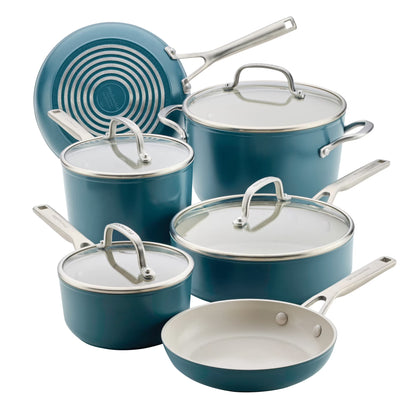 KitchenAid Hard-Anodized 10 Pcs Ceramic Induction Cookware Set, Dishwasher Safe and Oven Safe to 500F, Agave Blue