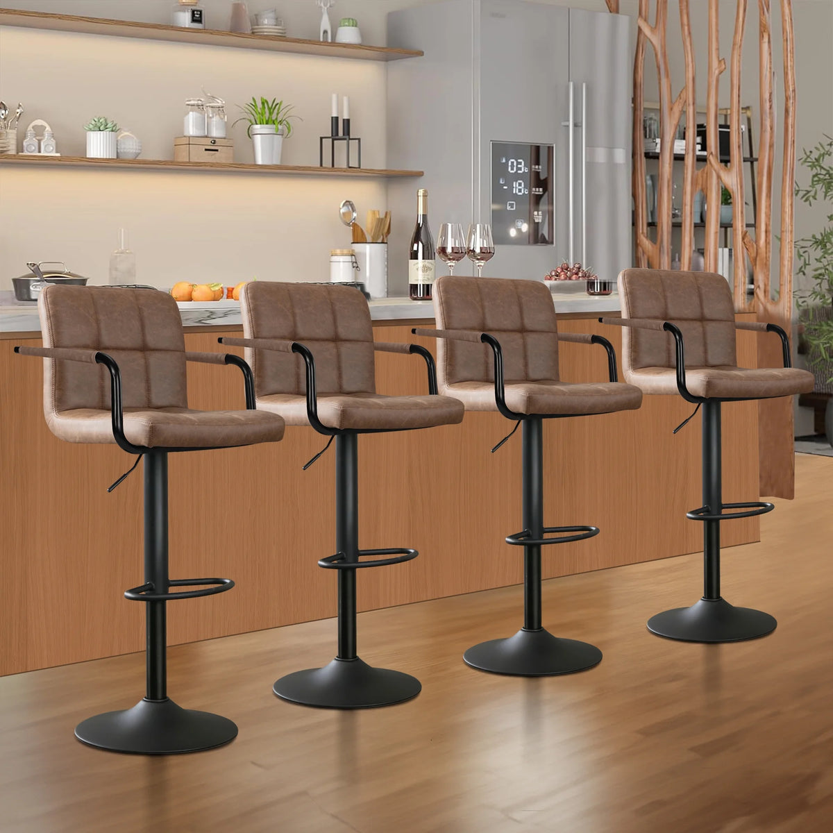 JONPONY Bar Stools Set of 2, Back and Armrest,Vintage Leather Modern Bar Chairs for Home and Kitchen Counter,Black,Low Back