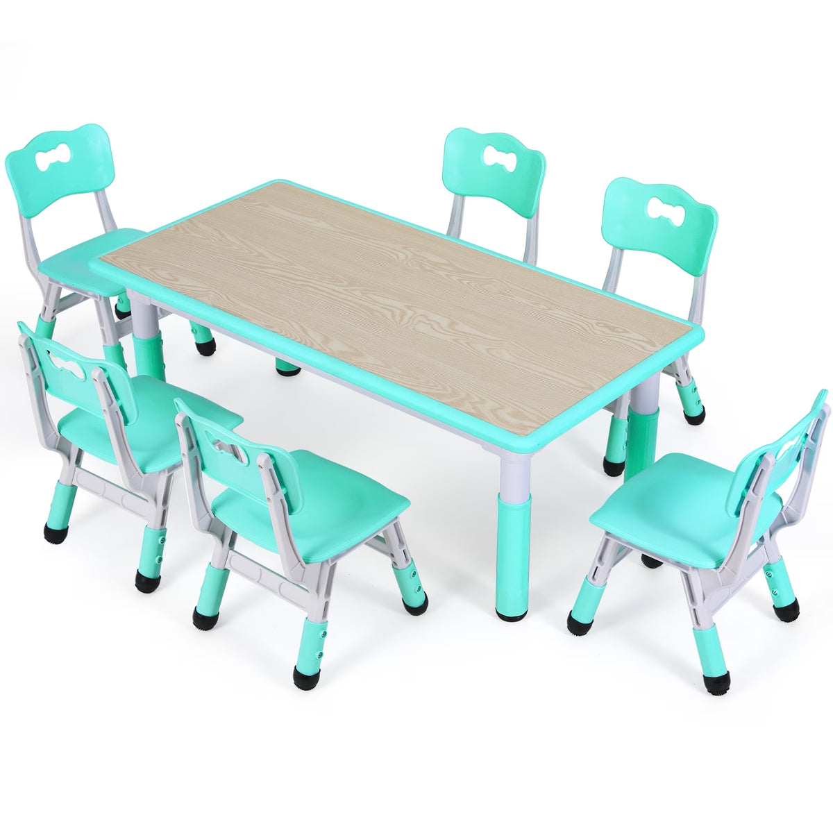 Arlopu Adjustable Kids Table and 6 Chairs Set, Toddler Play Activity Table Set with Graffiti Tabletop, Preschool Kids Furniture Table Set for Reading, Drawing, Eating