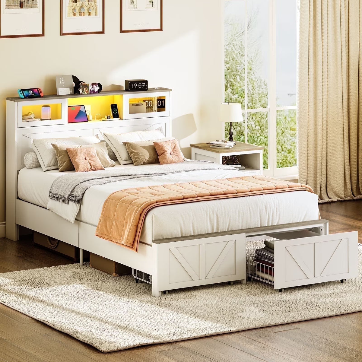 Full Size Bed Frame with Headboard, Full Bed Frame with Charging Station, LED Beds with 2 Storage Drawers,  Wood Farmhouse Bedframe, White